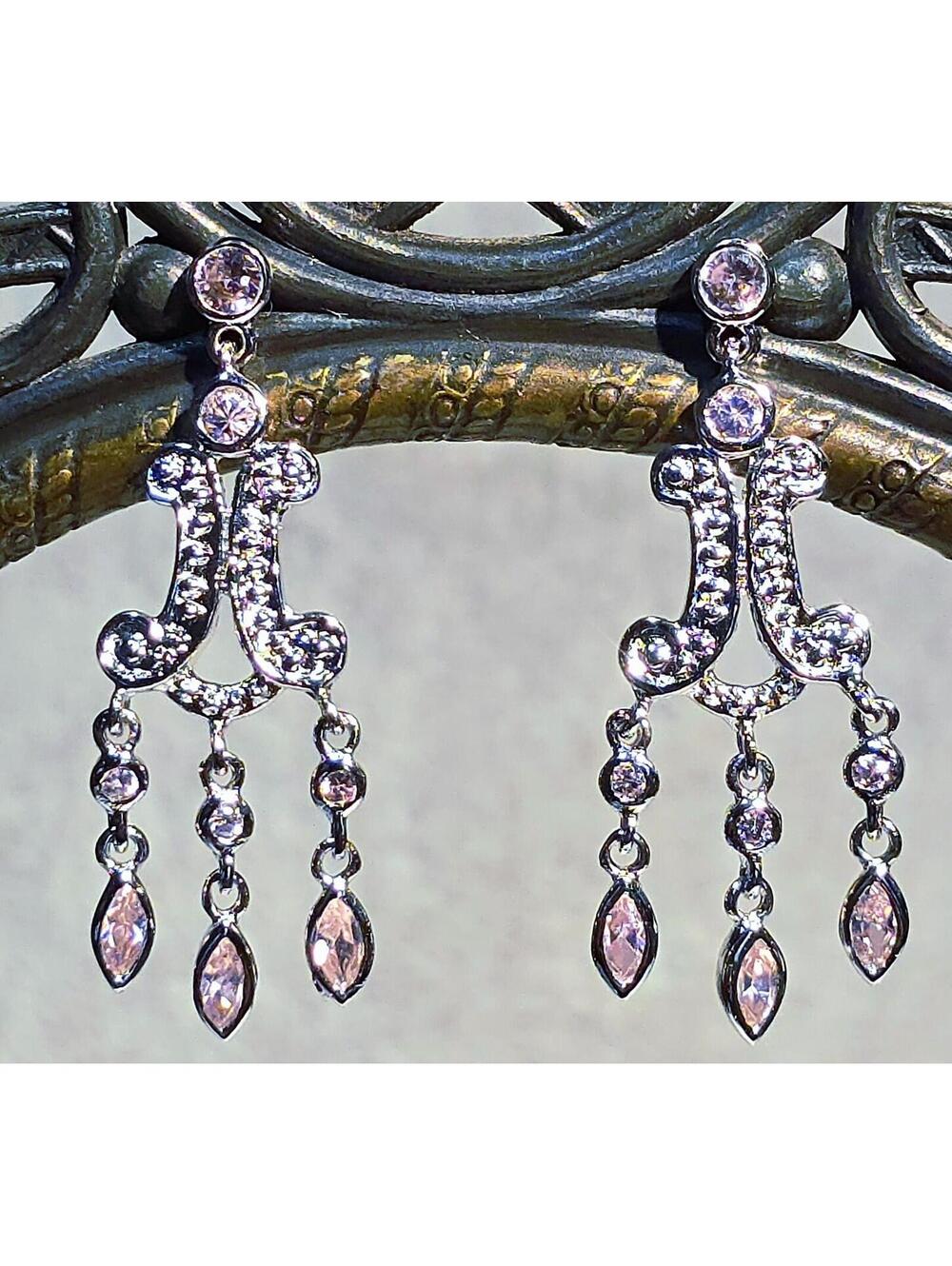 Sterling Silver Pink Ice CZ Ornate Chandelier Earrings Sim. Pink Sapphire 925